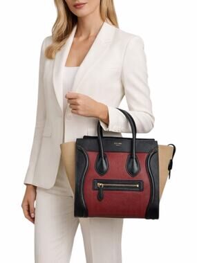 Celine Tricolor Mini Luggage Tote Bag Calf Leather Suede Rust Red Black